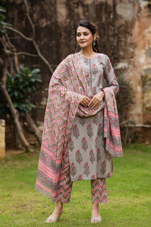 Grey Cotton Blend Straight Suit Set