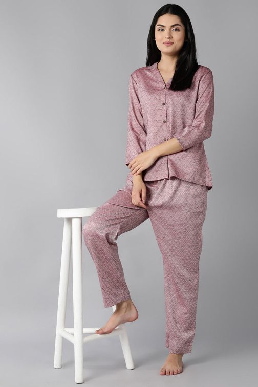 Mauve Pure Cotton Printed Nightdress for Women with Elegant Design - Image 4