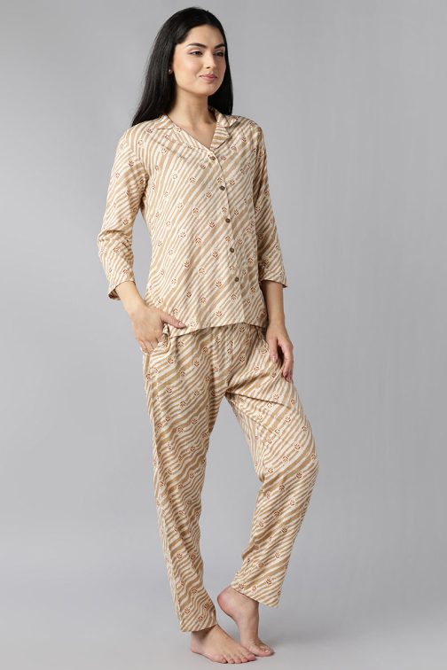 Pure Cotton Night Suit in Beige with Ethnic Motifs - Soft and Affordable Nightwear with Cultural Flair - Image 2