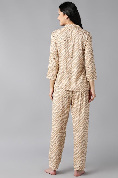 Pure Cotton Night Suit in Beige with Ethnic Motifs - Soft and Affordable Nightwear with Cultural Flair - Image 3
