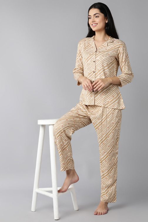 Pure Cotton Night Suit in Beige with Ethnic Motifs - Soft and Affordable Nightwear with Cultural Flair - Image 4