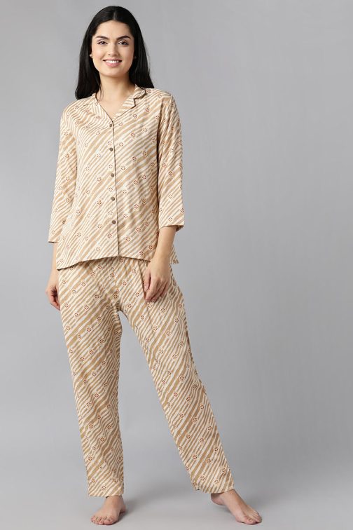 Pure Cotton Night Suit in Beige with Ethnic Motifs - Soft and Affordable Nightwear with Cultural Flair