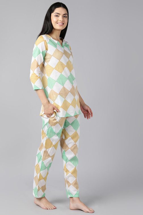 Cotton Multi Colour Geometric Print Night Suit for Women - Pure Cotton Night Suits with Trendy Design - Image 2