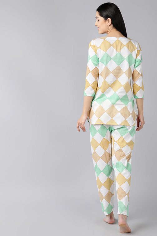 Cotton Multi Colour Geometric Print Night Suit for Women - Pure Cotton Night Suits with Trendy Design - Image 3