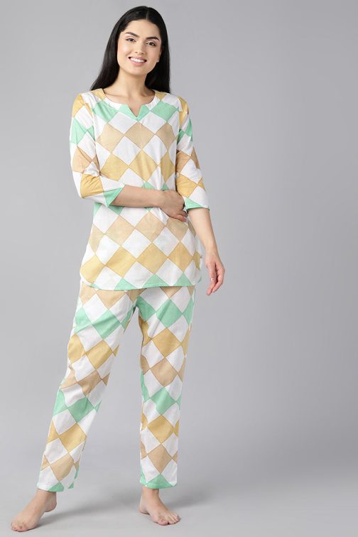 Cotton Multi Colour Geometric Print Night Suit for Women - Pure Cotton Night Suits with Trendy Design