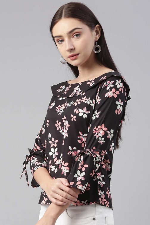 Black Georgette Floral Printed Regular Top - Image 2