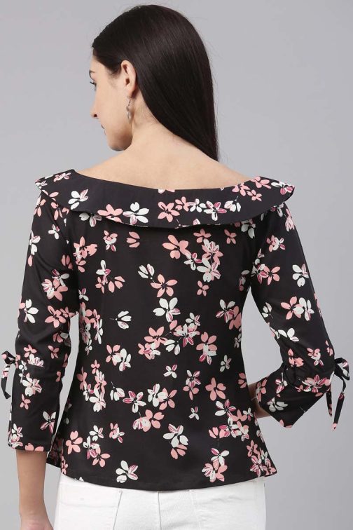 Black Georgette Floral Printed Regular Top - Image 3