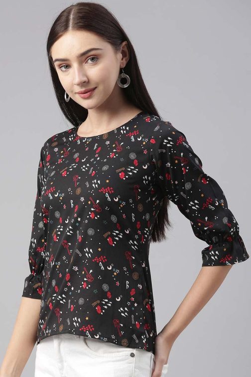 Black Poly Crepe Conversational Printed Regular Top - Image 2