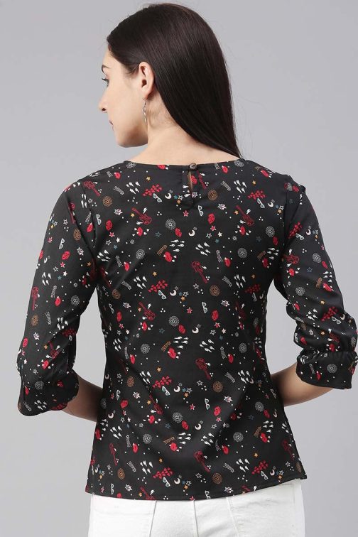 Black Poly Crepe Conversational Printed Regular Top - Image 3