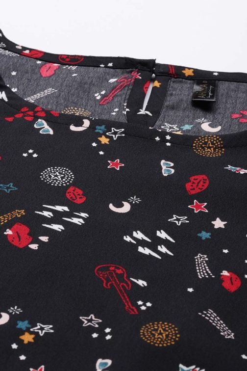 Black Poly Crepe Conversational Printed Regular Top - Image 4