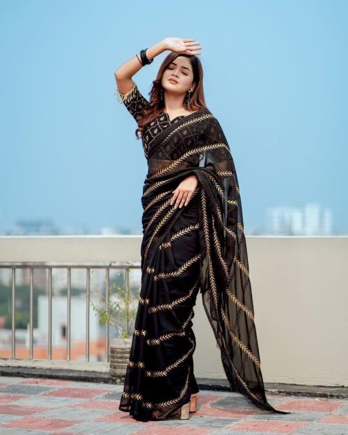 Luxury Black Georgette Saree with Golden Leaf Embroidery