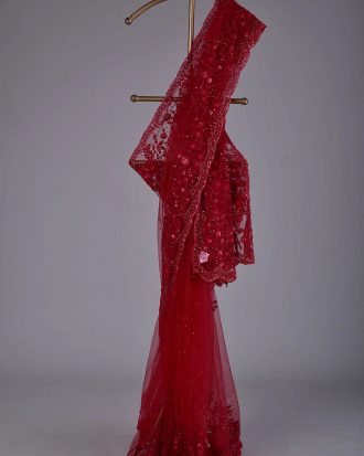 Red Sequin Net Saree