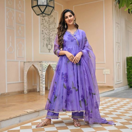 Lavender Floral Anarkali Suit