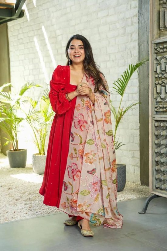 Red Embroidered Anarkali Suit