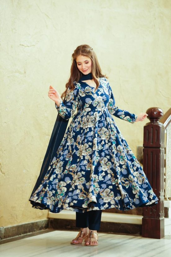 Navy Floral Anarkali Dress