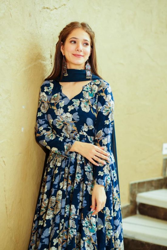 Navy Floral Anarkali Dress