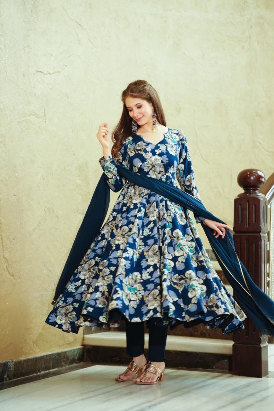 Navy Floral Anarkali Dress