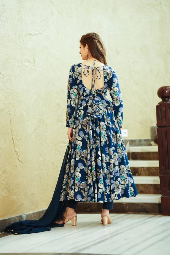 Navy Floral Anarkali Dress