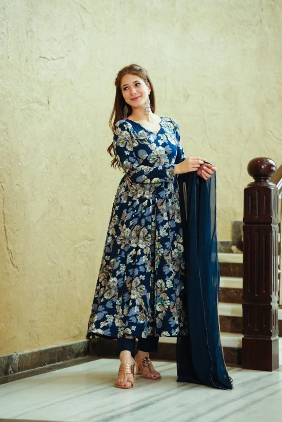 Navy Floral Anarkali Dress