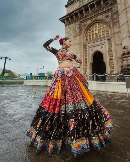 Designer Black Butter Silk Navratri Lehenga Choli with Mirror Work and Prints - Image 5