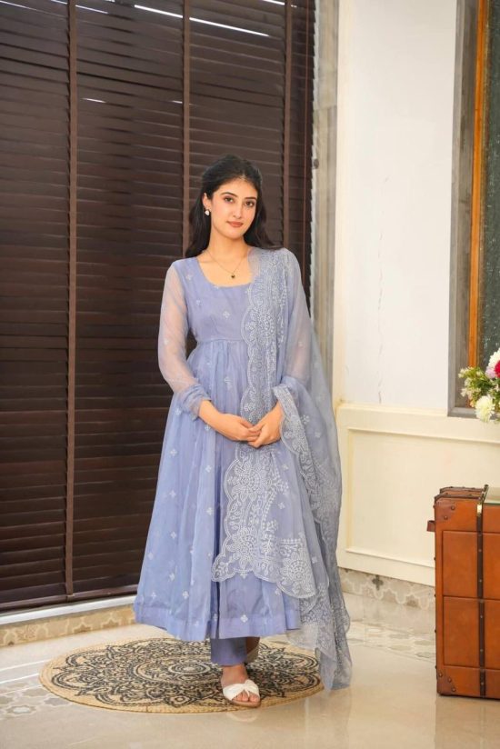 Pastel Blue Embroidered Anarkali Suit