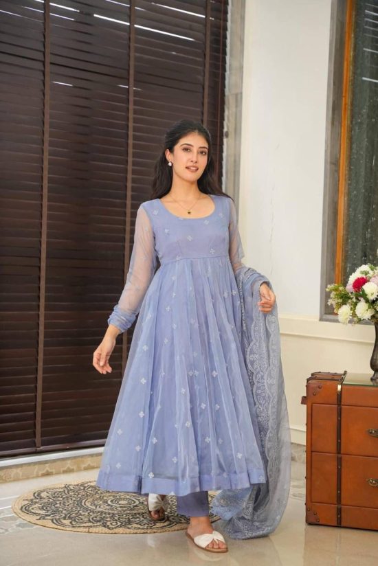 Pastel Blue Embroidered Anarkali Suit