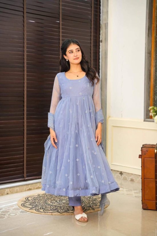 Pastel Blue Embroidered Anarkali Suit