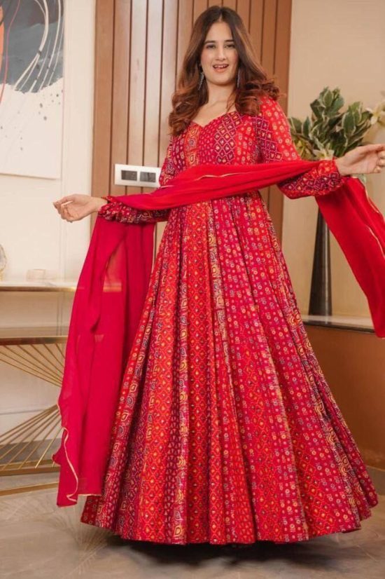 Red Bandhani Printed Suit