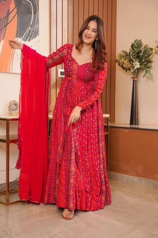 Red Bandhani Printed Suit