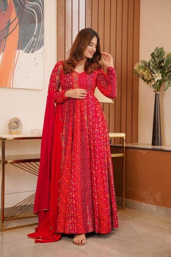 Red Bandhani Printed Suit