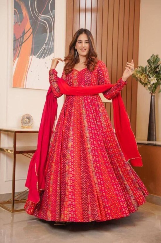 Red Bandhani Printed Suit