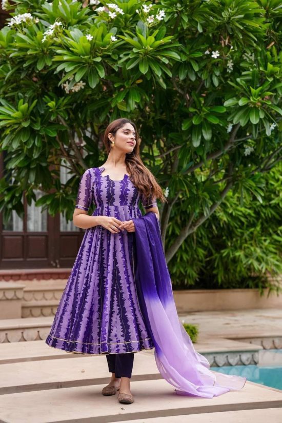 Purple Printed Anarkali Suit