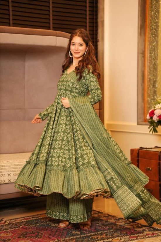 Green Printed Anarkali Suit