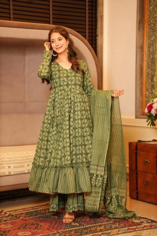 Green Printed Anarkali Suit