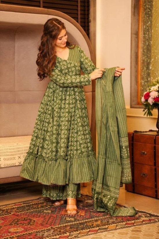 Green Printed Anarkali Suit