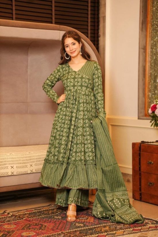 Green Printed Anarkali Suit