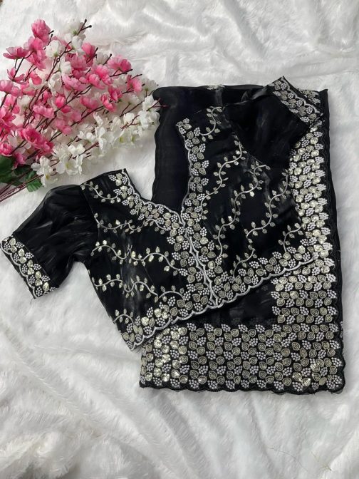 Luxurious Black Jimmy Choo Saree with Intricate Sequin Thread Work - Image 2