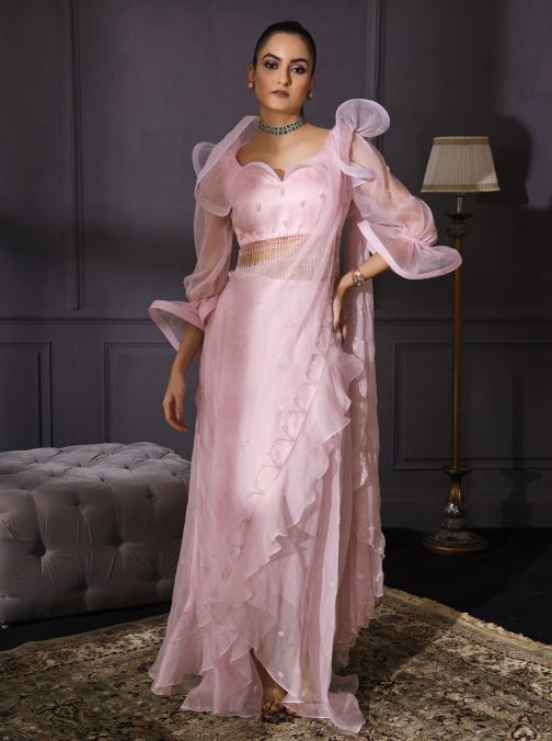 Little Wish - Ice Pink Organza Drape Saree and Blouse ? A Delicate and Dreamy Outfit with Soft Hues