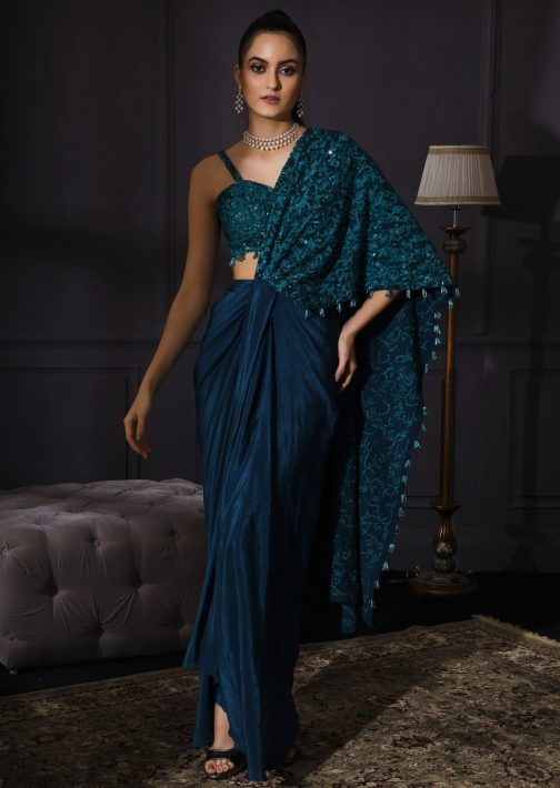 Little Wish - Teal Blue Drape Saree and Blouse ? A Unique and Elegant Shade for Sophisticated Styling