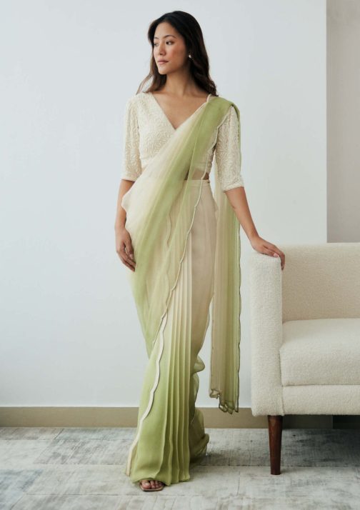 Little Wish - Ivory Green Ombre Pre-Draped Sari Set with a Modern Blouse for Effortless Elegance