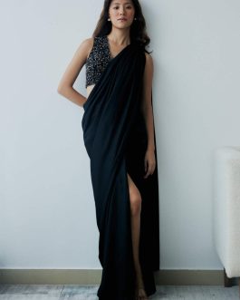 Little Wish - Midnight Black Knot Drape Sari Set with a Stunning Blouse for a Contemporary Look