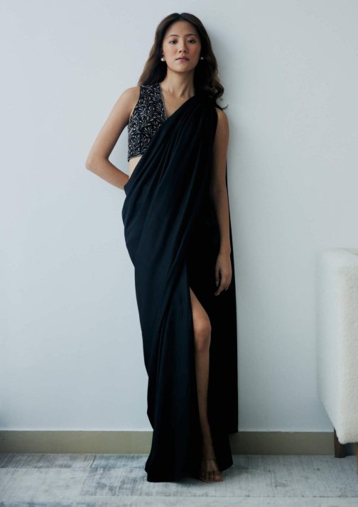 Little Wish - Midnight Black Knot Drape Sari Set with a Stunning Blouse for a Contemporary Look