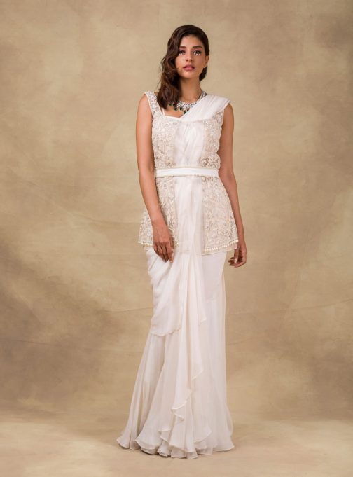 Little Wish - Ivory Embroidered Drape Saree and Jacket Set ? A Contemporary Style with Embroidered Detailing