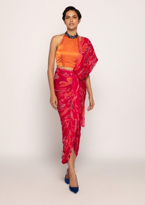 Little Wish - Yellow Halter Style Blouse and Pleated Skirt ? A Modern and Trendy Fusion of Halter Neck and Pleats