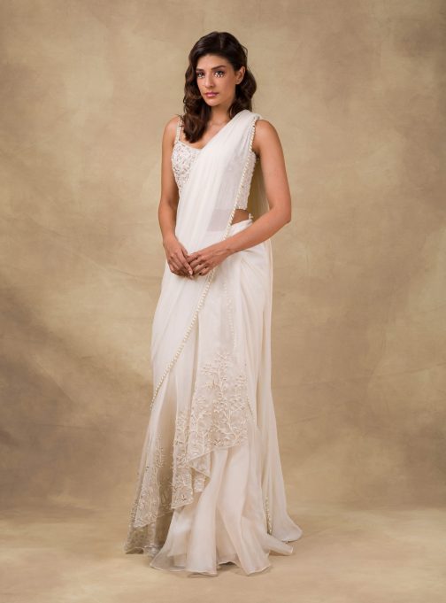 Little Wish - Ivory Embroidered Drape Saree and Corset ? A Structured and Elegant Saree for a Regal Look