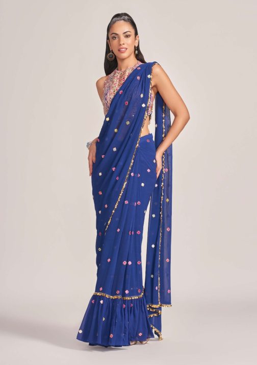 Little Wish - Royal Blue Ruffle Draped Sari Set with a Stylishly Designed Blouse for a Majestic and Elegant Look