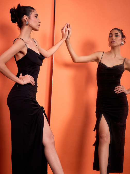 Little Wish - Cowl Neck Drawstring Bodycon Dress ? Sleek & Adjustable Fit