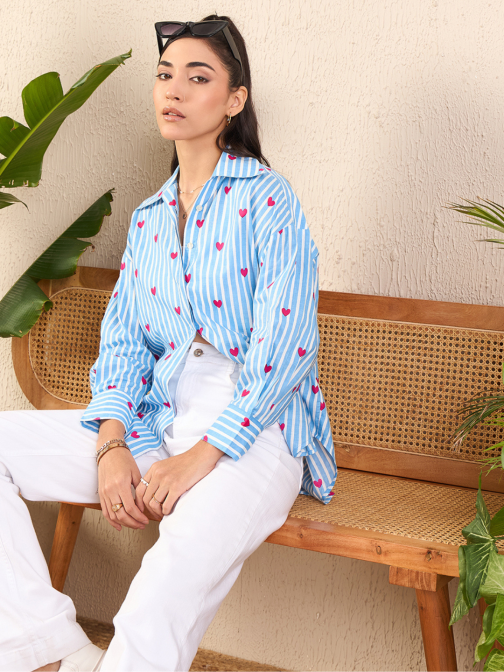 Little Wish - Printed Asymmetrical Cotton Shirt ? Modern High-Low Printed Button-Up Blouse