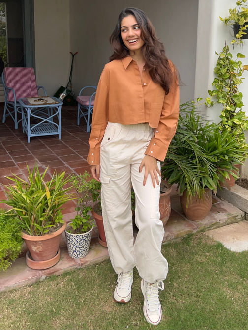 Little Wish - Cropped Cotton Shirt with Pocket ? Relaxed & Trendy Fit