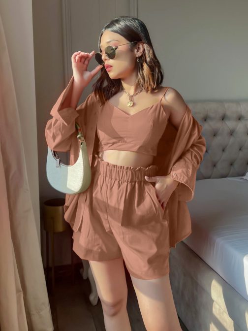 Little Wish - Cotton Three-Piece Shorts, Shirt & Crop Top Set ? Casual & Fashionable